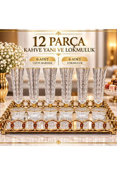 AZHASTORE 12 Parça Gold Yaldızlı Kahve Yanı Bardak ve Lokumluk Seti – 6 Uzun ...