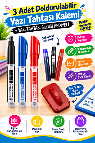 NEON PLUS Kartuşlu Beyaz Tahta Kalemi 7 Li Set 1 Siyah 1 Kırmızı 1 Mavi Ve Ka...