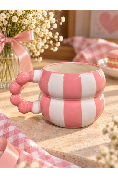 İZart Katmerli BONCUK KULP PEMBE ŞERİT DESENLİ El İşlemeli Seramik Kupa
