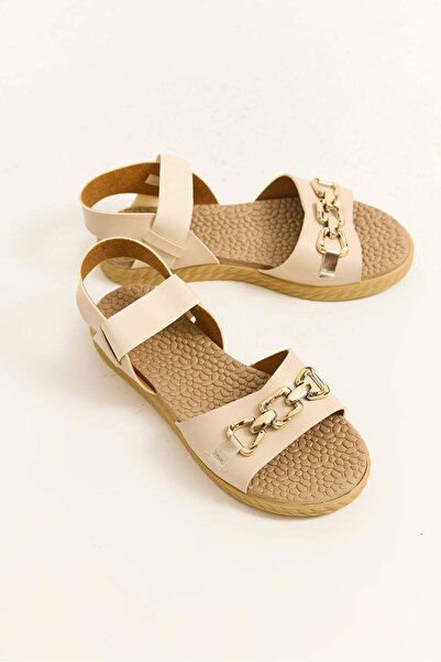 Juuuj Beige Accessory Ankle Elastic Sandals with Comfortable and Practical De...