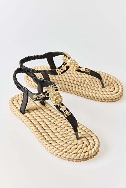 Juuuj Black Sequin Embroidered Lightweight Rope Sole Casual Flip-Flop Sandals...