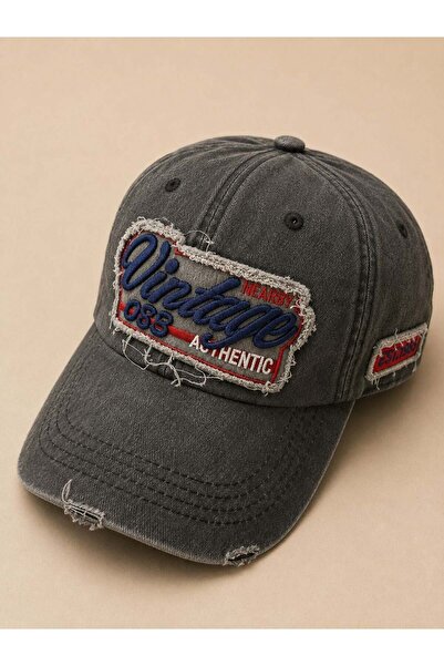 Juuuj Ανθρακίτενο καπέλο από τζιν με vintage στάμπα κειμένου, ρυθμιζόμενη φόρ...