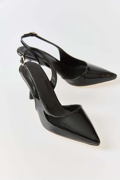 Juuuj Black Patent Leather Textured Pointed-Toe Thin-Heeled Classic Shoes wit...