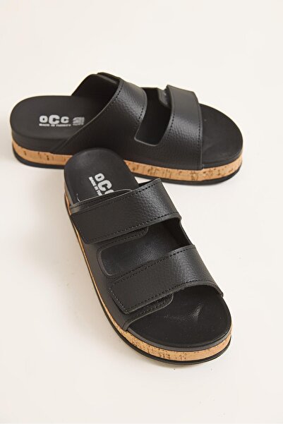 Juuuj Black High-Sole Non-Slip Double Tape Detailed Comfortable Sandals Slippers