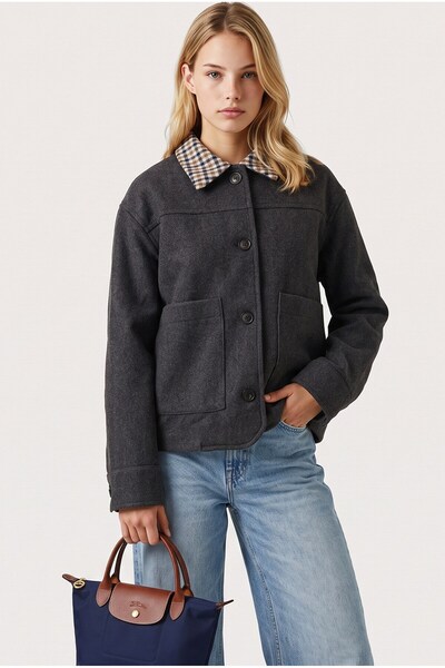 Juuuj Anthracite Cashmere Fabric Plaid Collar Detailed Front Buttoned Double ...
