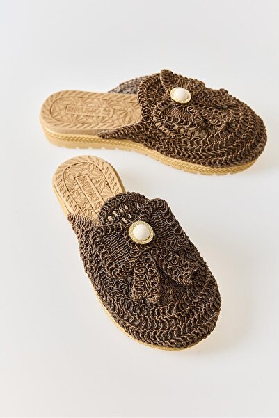 Juuuj Brown Macrame Knitted Textured Closed-Front Practical Design Slippers S...