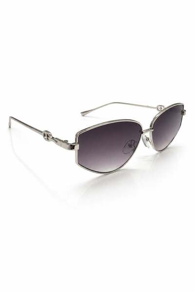 Juuuj Black Metallic Textured Thin-Strap Geometric Shape Silver Rimmed Sungla...