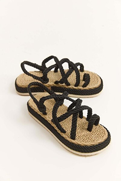 Juuuj Black Straw Sole, Lightweight, Rope Detail, Comfortable Form, Flip-Flops