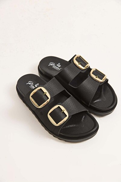 Juuuj Black Leather Look Textured Double Buckle Detailed Comfortable Sole Dai...