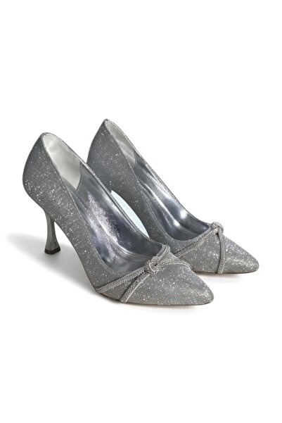 Juuuj Silver Glittering Shiny Textured Pointed Toe Stiletto with Easy-To-Wear...