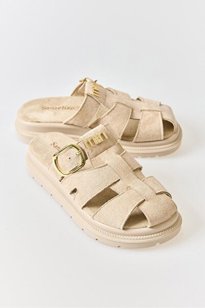 Juuuj Beige Suede Textured Comfortable Sole Flexible Structure Buckle Detail ...