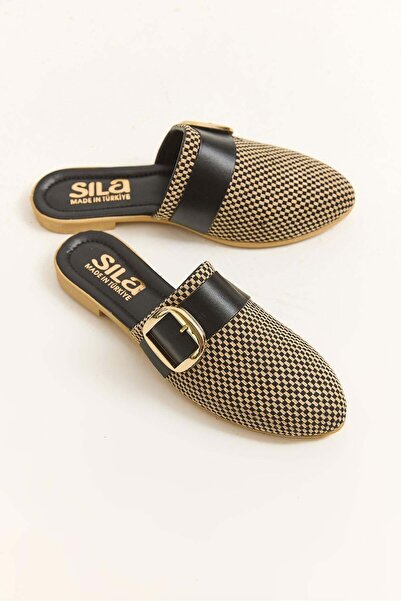 Juuuj Black Lightly Textured Closed-Front Slippers with Metal Accessory Detai...