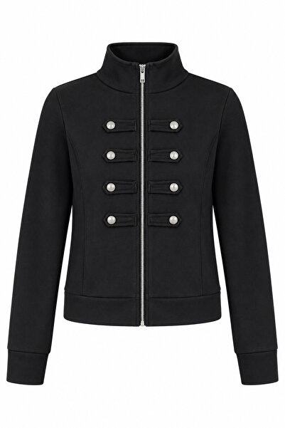 Juuuj Black Stand Collar Zippered Knitted Sweatshirt with Crystal Stone Butto...