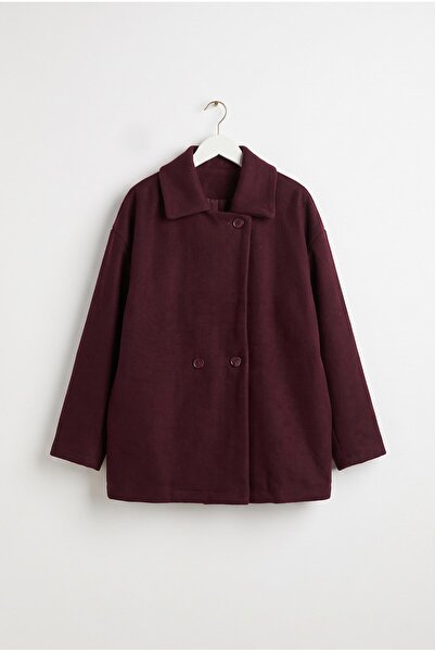 Juuuj Burgundy Cashmere Look Classic Collar Long Sleeve Loose Cut Side Pocket...