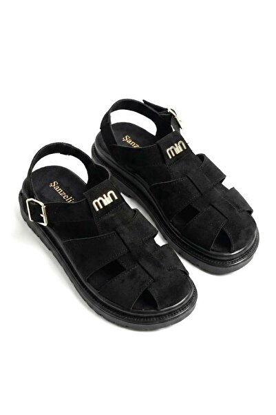 Juuuj Black Suede Textured Orthopedic Sole Closed Toe Sandals with Buckle Det...