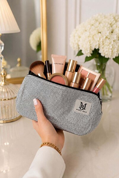 Juuuj Silver Textured Fabric Rectangular Zippered Easy-To-Carry Functional Ma...