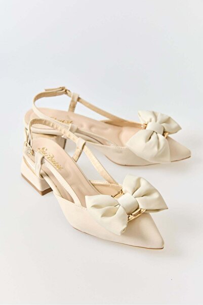 Juuuj Cream Flexible Sole Pointed Toe Design Bow Detail Short Heeled Sling Ba...