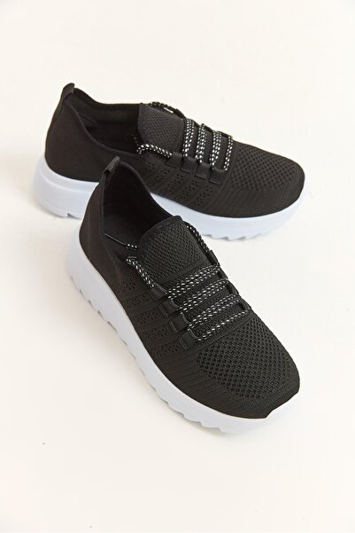 Juuuj Black Flexible Knitted Textured Lightweight Flexible Sole Lace-Up Daily...