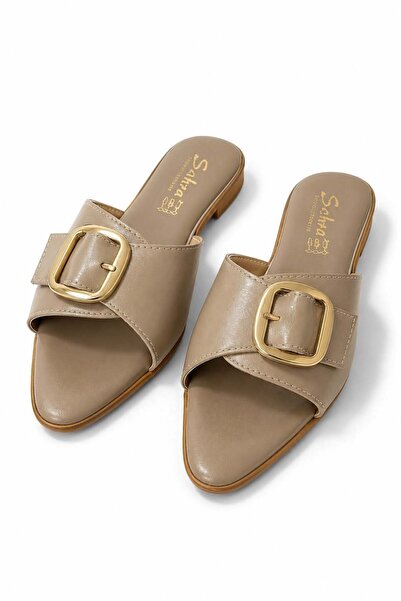 Juuuj Beige Pointed Toe Gold Buckle Detailed Non-Slip Sole Comfortable Slippe...