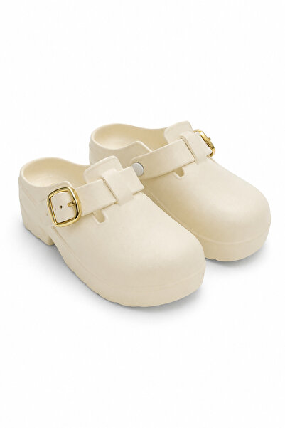 Juuuj Ecru Gold Buckle High Platform Sole Six Centimeter Heeled Sabo Slippers
