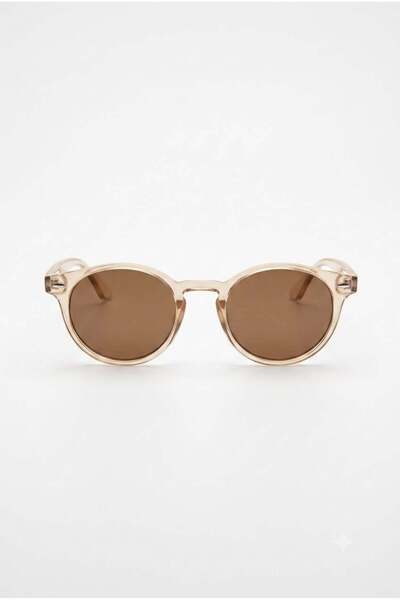 Juuuj Brown Bone Frame Retro Key Nose Bridge Detailed Round Shape Sunglasses