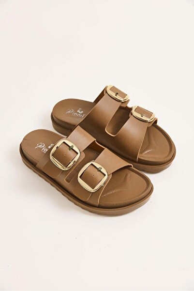 Juuuj Tan Double Buckle Detailed Non-Slip Comfortable Sole Sandals Slippers S...