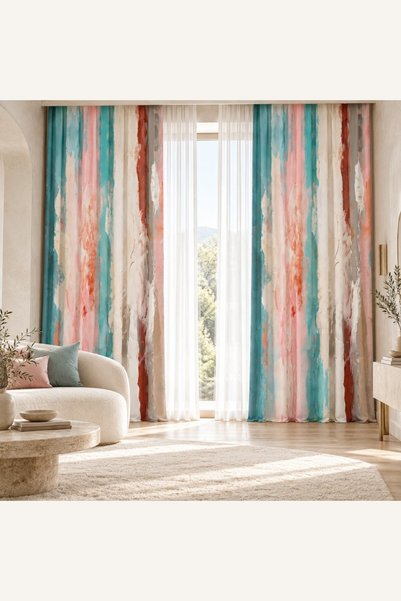 Hanna Home Zarif Krem Pembe Soyut Desenli Kadife Görünümlü Salon Fon Perde