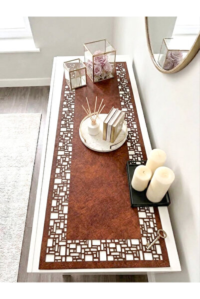 Ergüven Home قماش سويدي بني أحمر مقاس 40x120 سم - نمط هندسي رباعي الشكل