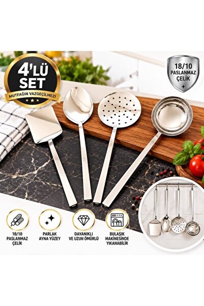 Home Çelik Düz Servis Seti Kepçe Kevgir Kaşık Spatula Pratik Mutfak Yemek Tak...