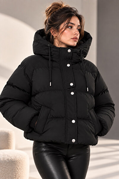 Modayıldızlar Kadın Siyah Oversize Kapüşonlu Kısa Puffer Şişme Mont – Kışlık ...