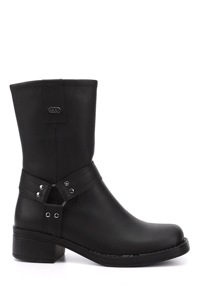 GÖNDERİ(R) Women's Black Zippered Blunt Toe Thick Heeled Biker Boots