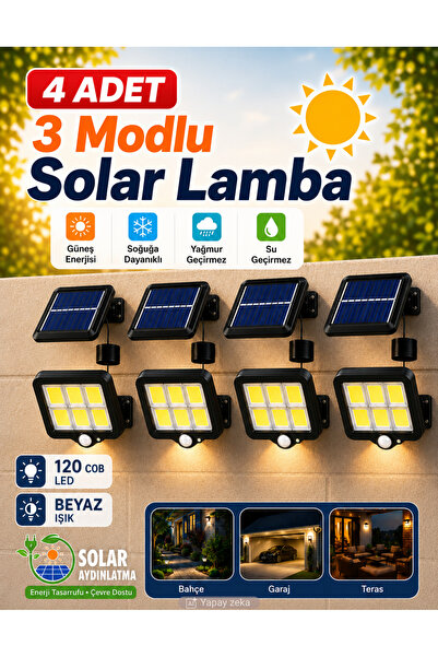 Unichrome 4 Adet 3 Modlu 120 Cob Led Solar Panel Güneş Enerjili Duvar Lambası...