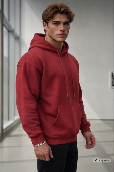 NO 601 Men's Red Hooded Cotton Sweatshirt