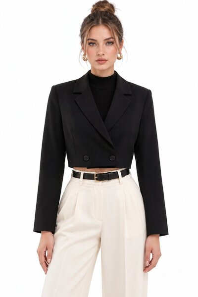Saade Siyah Kadın Regular Fit Kruvaze Kapama Dokuma Crop Blazer Ceket -Şık & ...