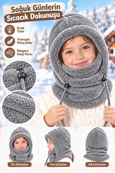 Leiste Kids-Wig Çocuk Kapşonlu Peluş Bere Atkı Polar Welsoft Boyunluk Şalı Rü...