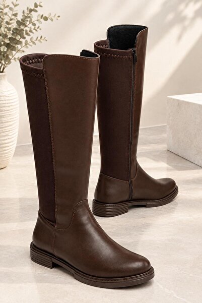 Dubais Shoes Women's Brown Diving Fabric Knee-High Boots with Thermo Sole
