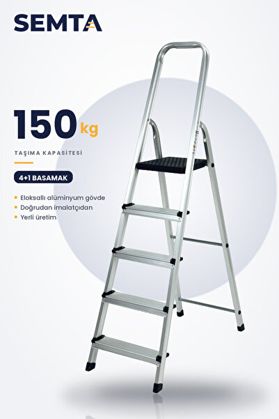 SEMTA Katlanır Alüminyum Merdiven 4+1 Basamaklı Platformlu Kaymaz Ev Tipi 150 kg