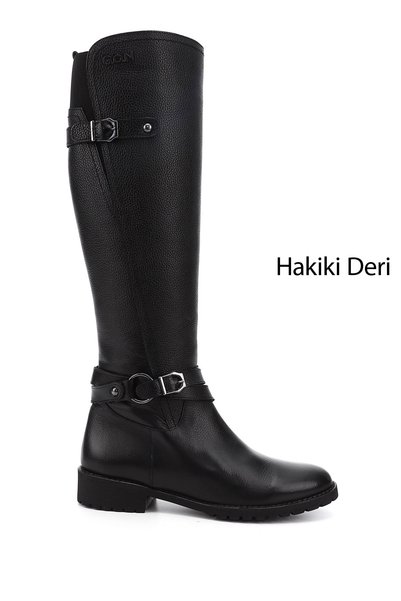 GÖNDERİ(R) Kadın Siyah Floter Fermuarlı Kauçuk Taban Hakiki Deri Çizme