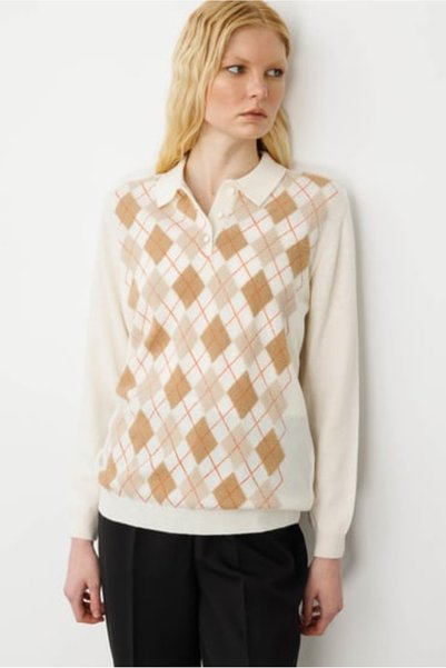 Desen Kadın Kazak - Polo Yaka Uzun Kol Minimalist Argyle