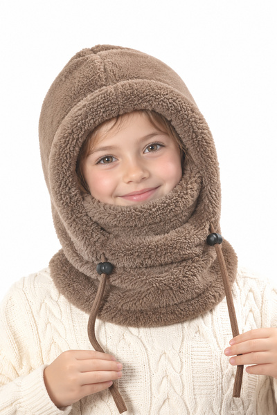 Leiste Kids-Wig Çocuk Kapşonlu Peluş Bere Atkı Polar Welsoft Boyunluk Şalı Rüzgar Geçirmez Şapka