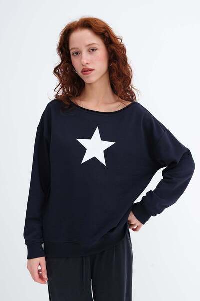 Addax Kayık Collar Printed Sweatshirt S10662