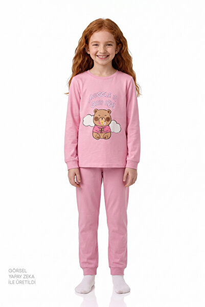 Penti Kız Çocuk Pembe Friendly Capy Pamuklu Uzun Kollu 2'li Pijama Takımı