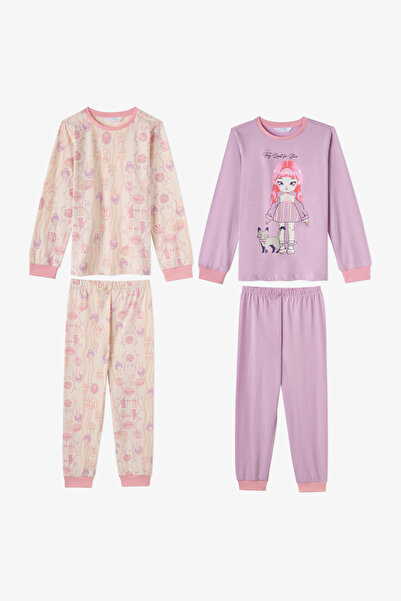 Penti Kız Çocuk Lila Starlit Friends Pamuklu Uzun Kollu 2'li Pijama Takımı