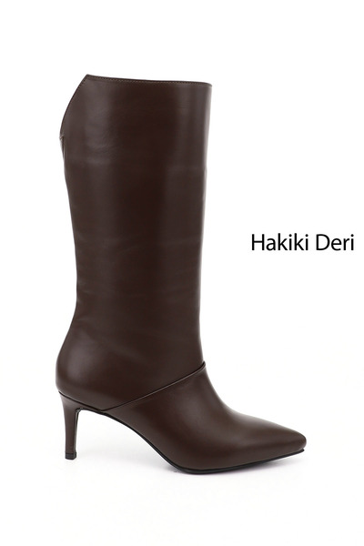 GÖNDERİ(R) Women's Brown Platinum Thin Heeled Genuine Leather Boots