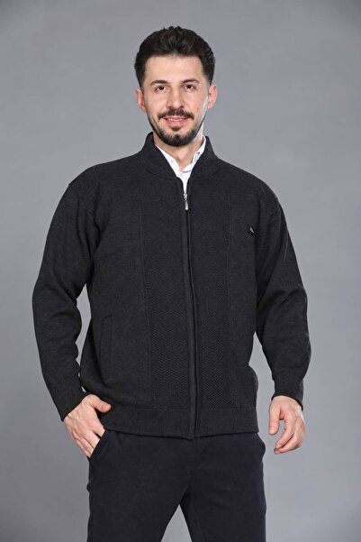 KZC TEKSTİL Anthracite Men's Dad and Middle-Aged Knitwear Steel Knitted Lined...