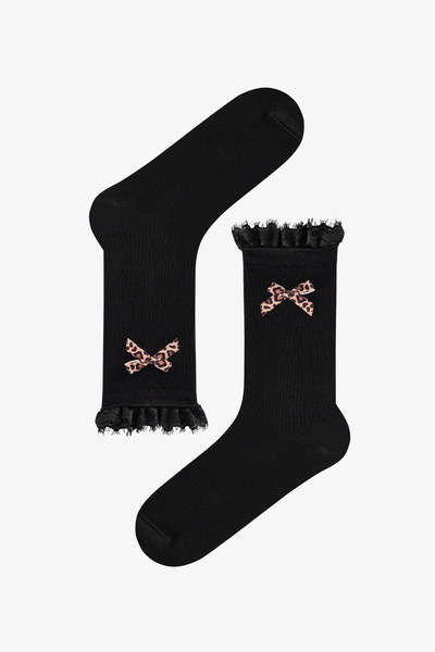 Penti Siyah Leopar Bowtie Pamuklu Soket Çorap