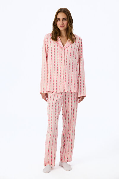 Penti Açık Pembe Çiçekli Fırfırlı Uzun Kollu Gömlek Pantolon Pijama Takımı