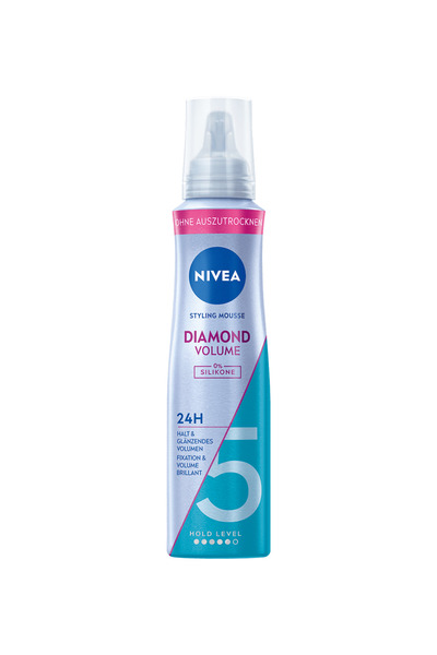 NIVEA Diamond Volume Care Spumă de păr, Fixare Nivel 5, 150 ml