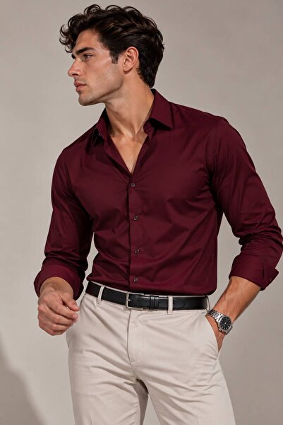 sepetx Erkek Premium Pamuk Saten Slim Fit Bordo Gömlek | Modern ve Şık Tasarım