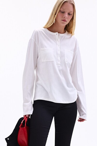 DeFacto %100 Pamuk Düğmeli Çift Cepli Oversize Henley Yaka Uzun Kollu Basic T...